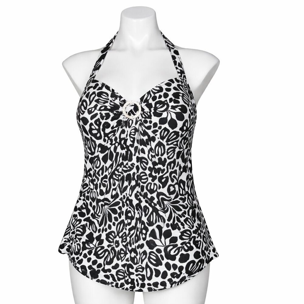 LANDS' END Black White Print Halter Swim Top 20W
